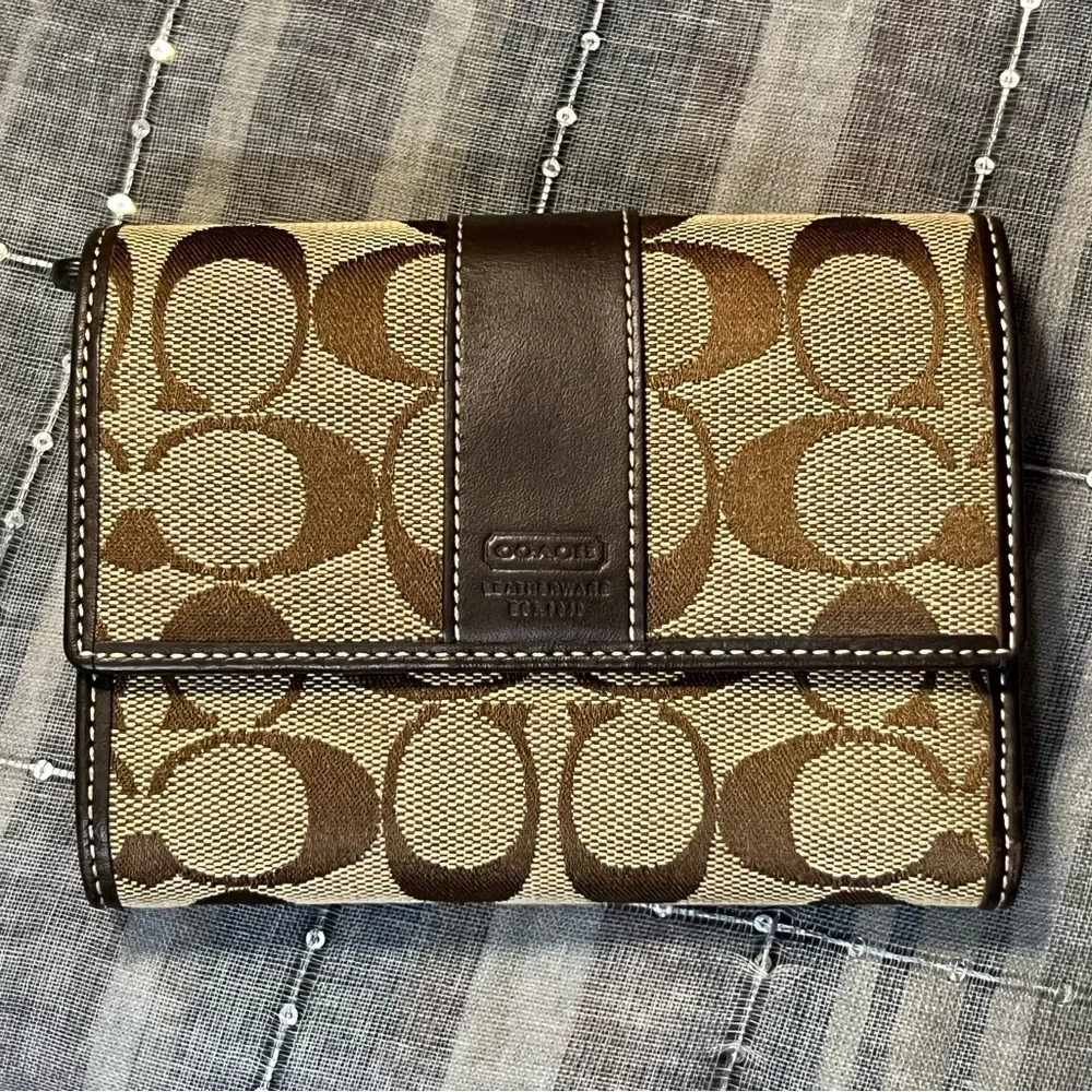 Coach 1941 Leatherwear Tan Canvas and Brown Leather Signature C Tri Fold Wallet